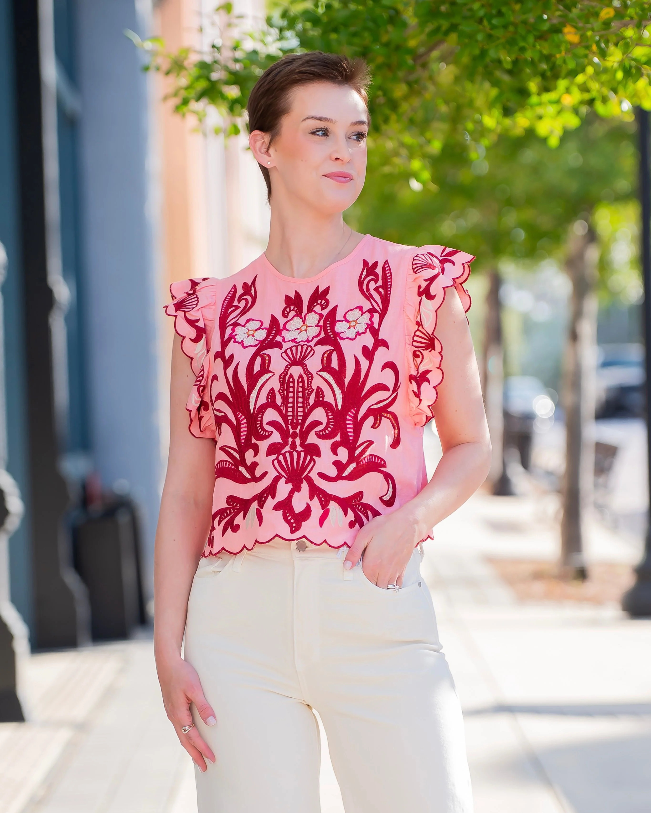 Ansonia Flutter Sleeve Embroidery Detail Top | Caroline Hill