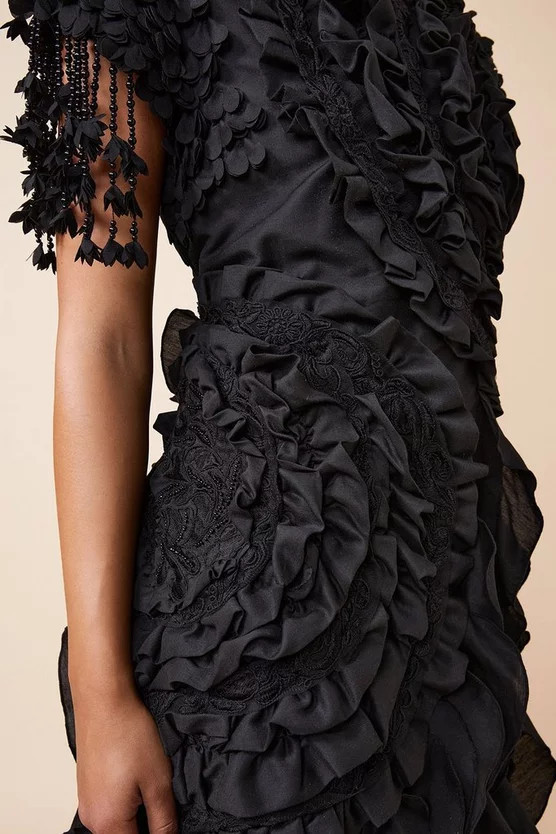 Drama Ruffle Lace Mix Woven Maxi Dress | Karen Millen UK + IE + DE + NL