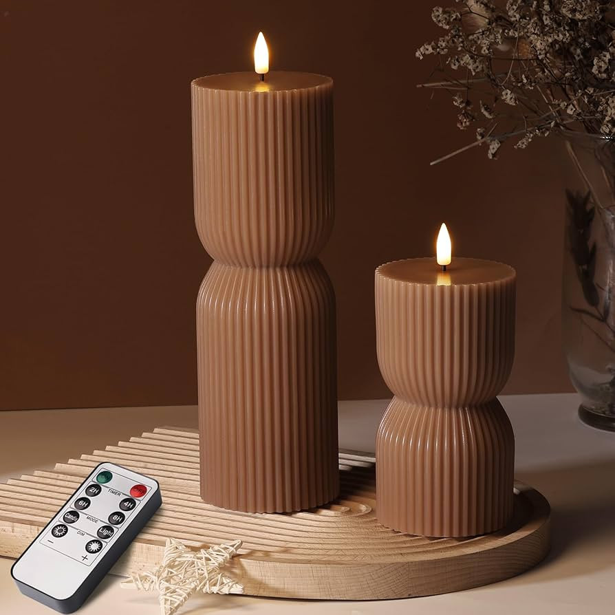 Brown Ribbed Flameless Pillar Candles with Remote, Real Wax Flickering Battery LED Candles Set of... | Amazon (CA)