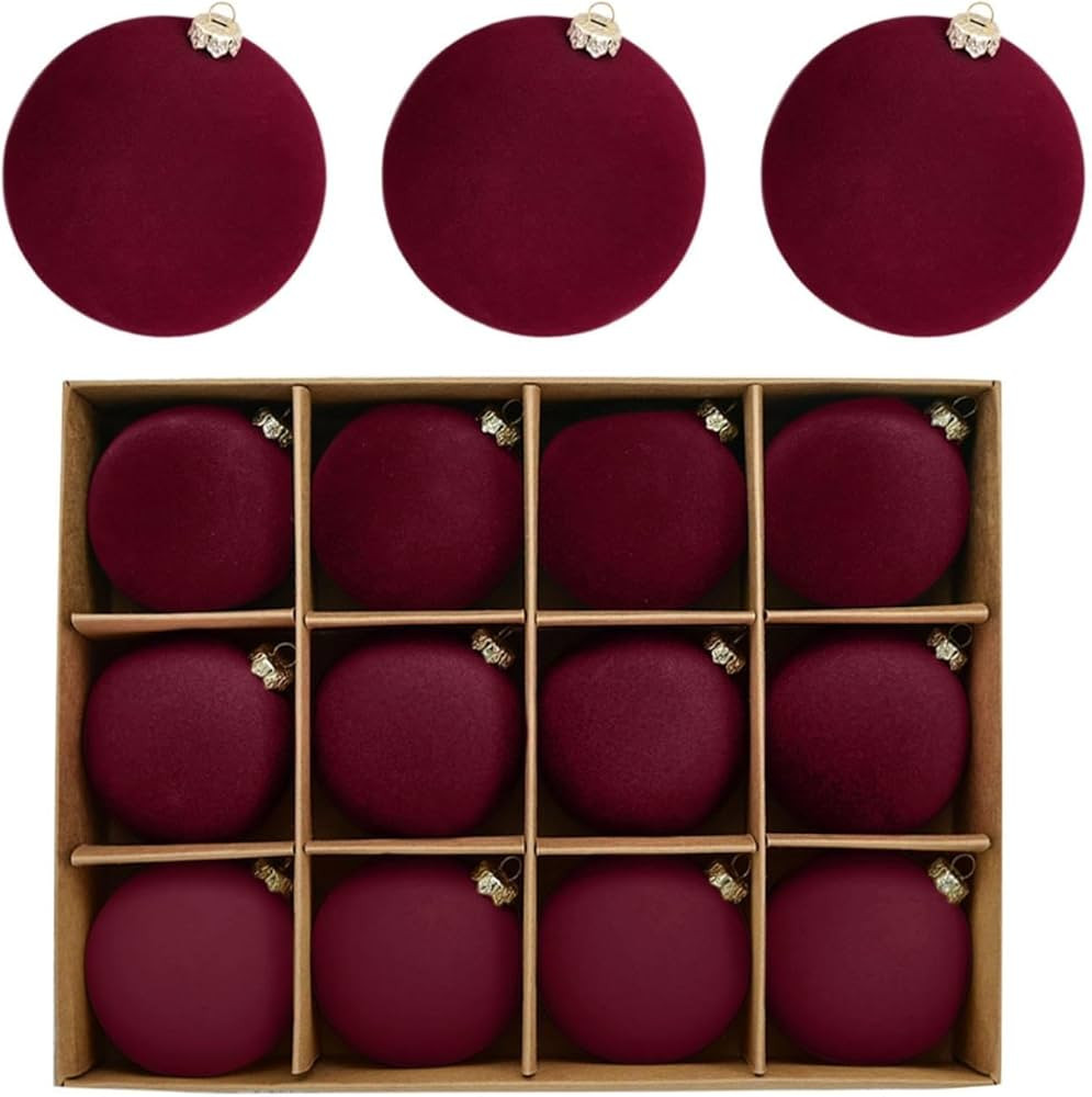 12 Pcs Velvet Christmas Balls, Burgundy Flocked Christmas Tree Ball Ornaments, Christmas Decorati... | Amazon (US)