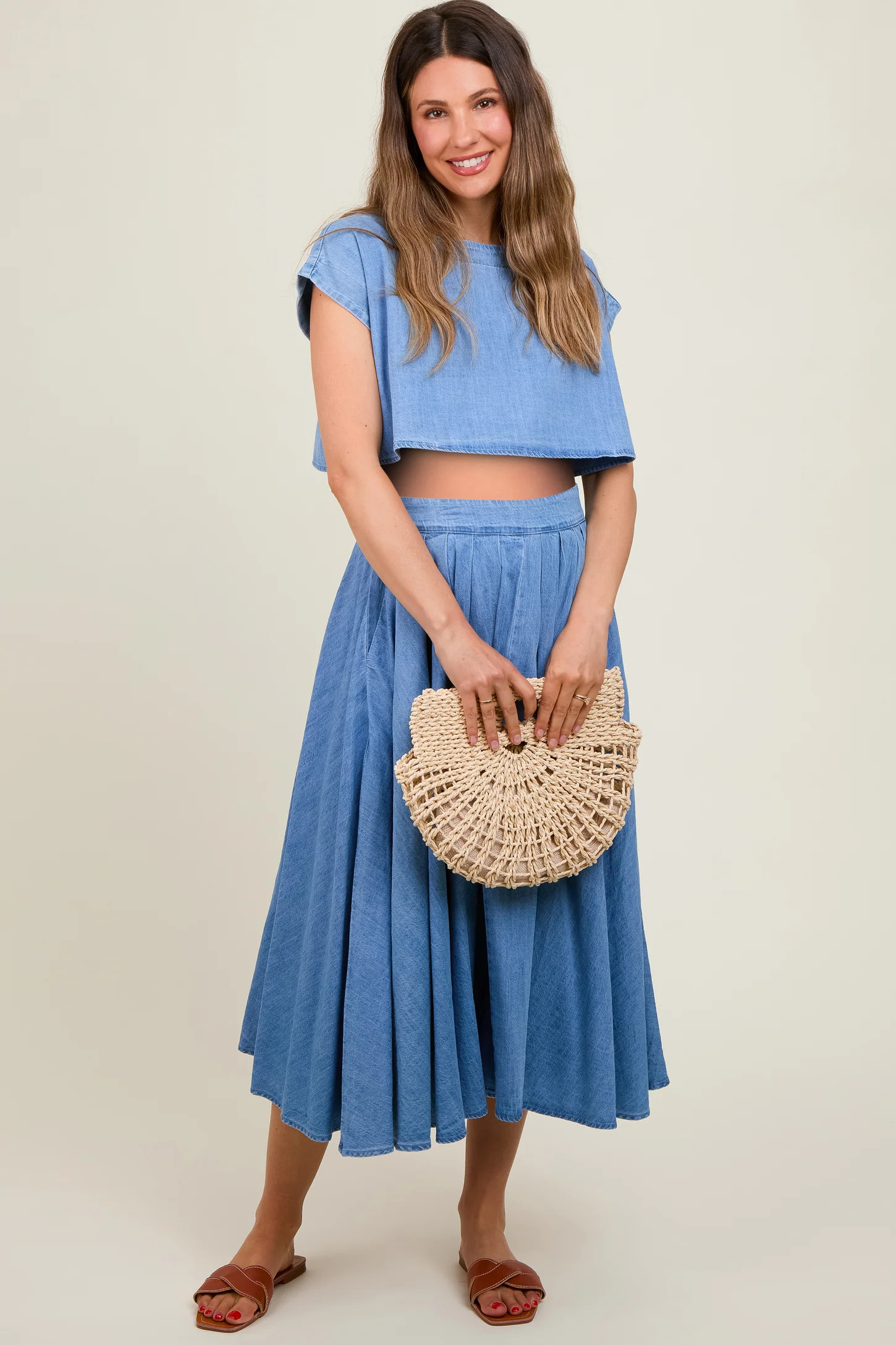 Blue Chambray Crop Top and Skirt Maternity Set | PinkBlush Maternity