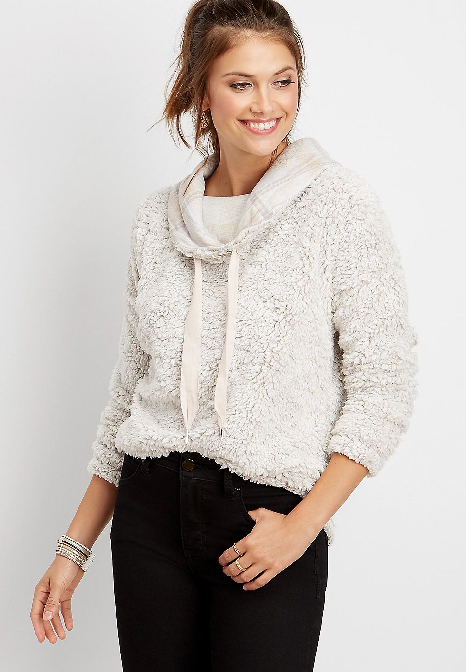 plaid cowl neck sherpa pullover | Maurices