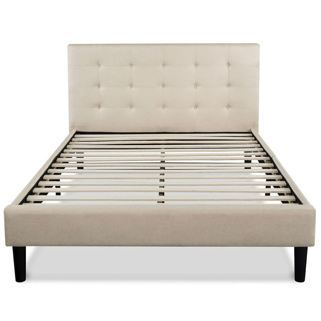 King size Upholstered Platform Bed Frame with Button Tufted Headboard in Taupe | Shop Simon