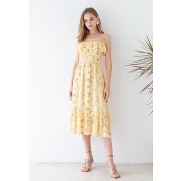 Lemon and Gingham Print Shirred Midi Dress | Chicwish