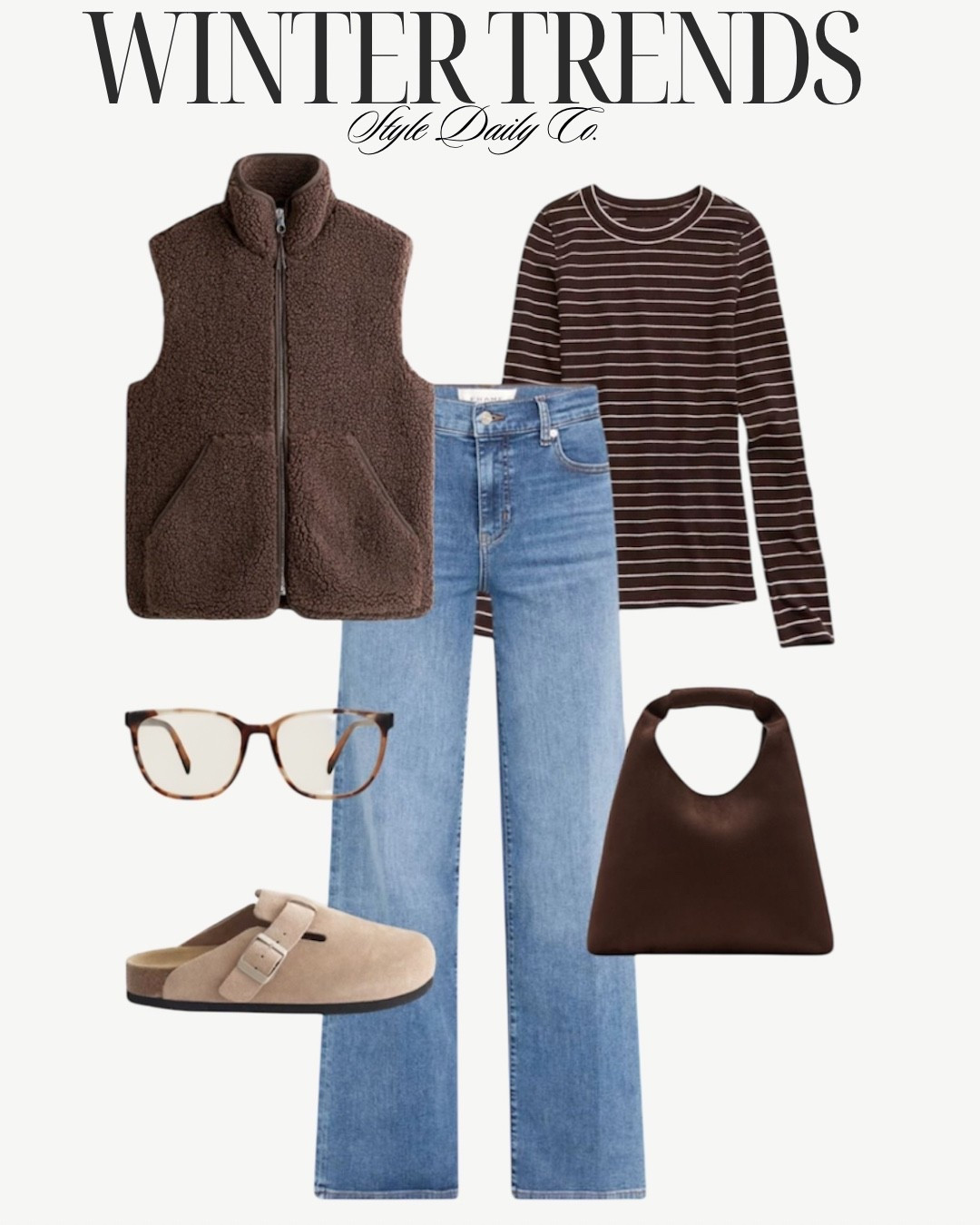 winter outfit. sherpa vest. jeans. striped long sleeve. clogs. suede brown bag. #LTKootd 

#LTKU #LTKTall