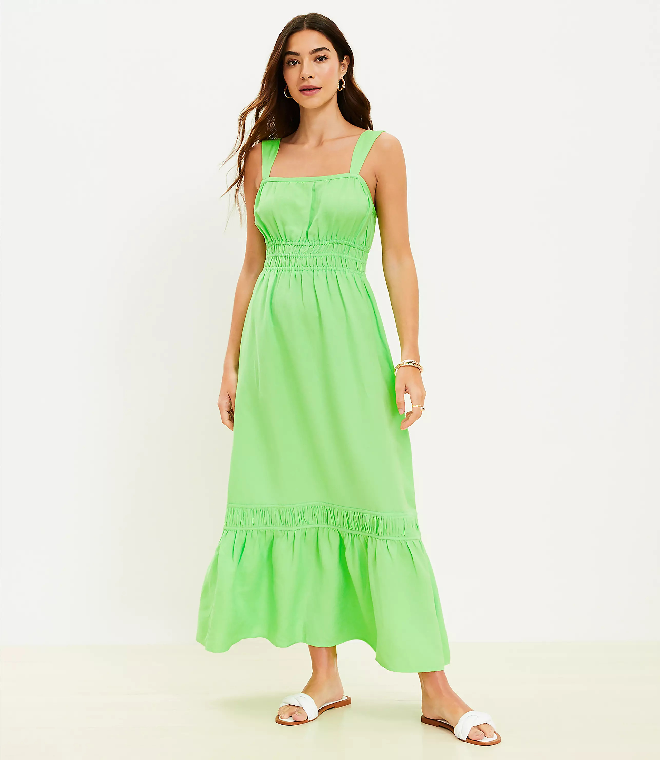 Linen Blend Shirred Flounce Maxi Dress | LOFT