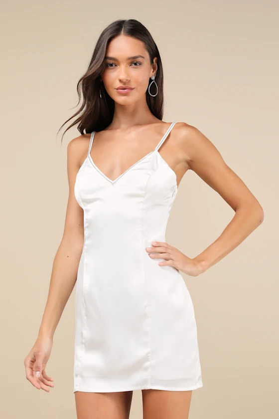 Glowing Intuition White Satin Rhinestone Bow Mini Dress | Lulus