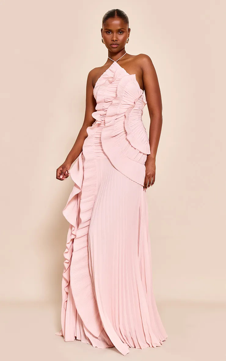 Blush Pleated Frill Halterneck Maxi Dress | PrettyLittleThing IE | PrettyLittleThing IE