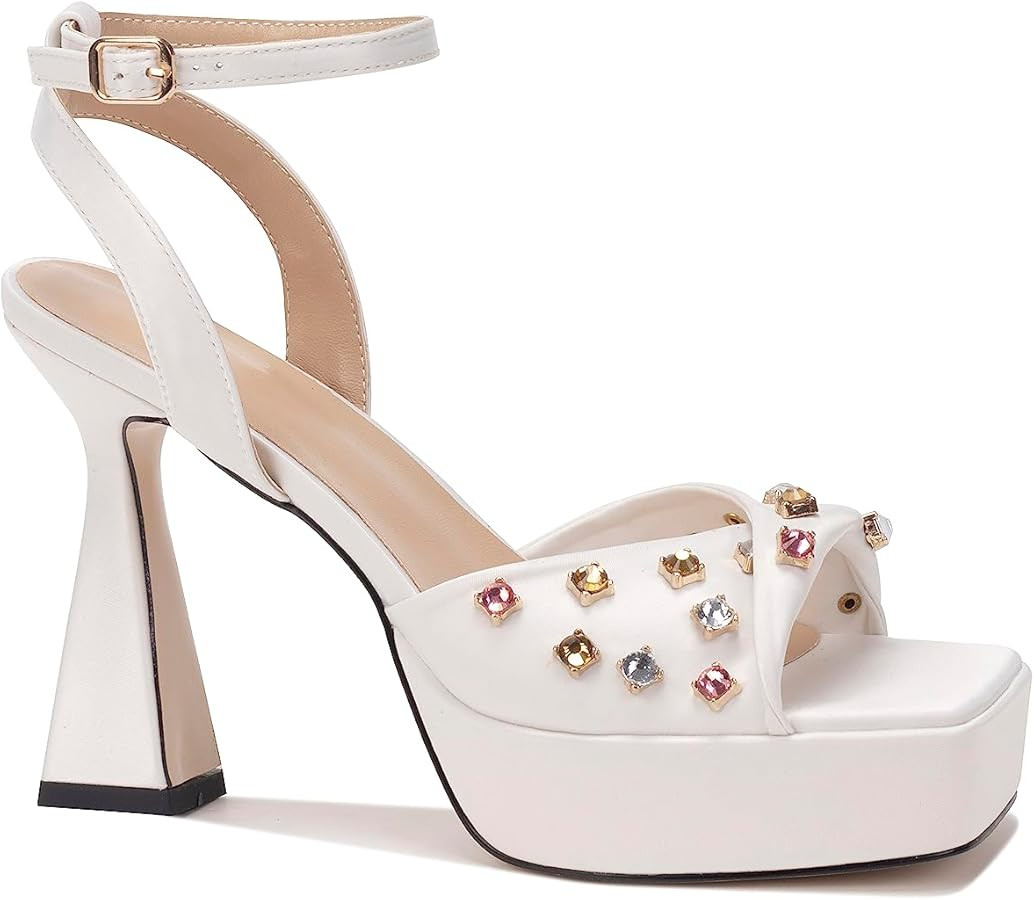Women's High Heel Platform Heelsl Sandals Square Toe Colorful Rhinestone Ankle Strap Buckle Open ... | Amazon (US)