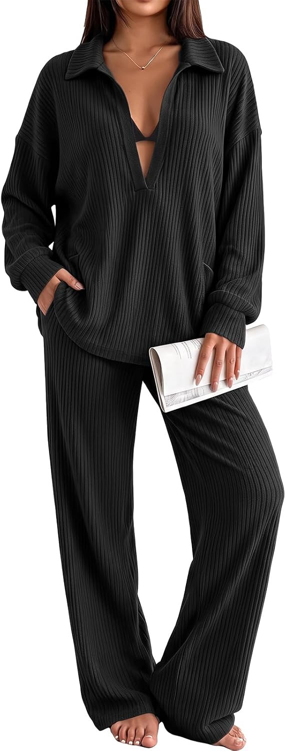Fisoew Womens 2 Piece Deep V Neck Lounge Sets Ribbed Knit Matching pjs Set | Amazon (US)