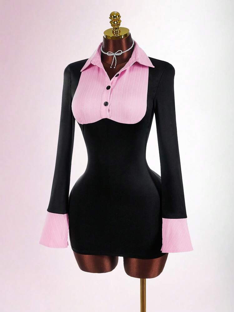 Amplova Y2k Fall Women Clothes Back To School Button Up Women's Contrast Striped Patchwork Slim Fit Mini Dress Fall Women Clothes ,Ideal For School And Dating. Pinstripe Dress Collared Dress | SHEIN