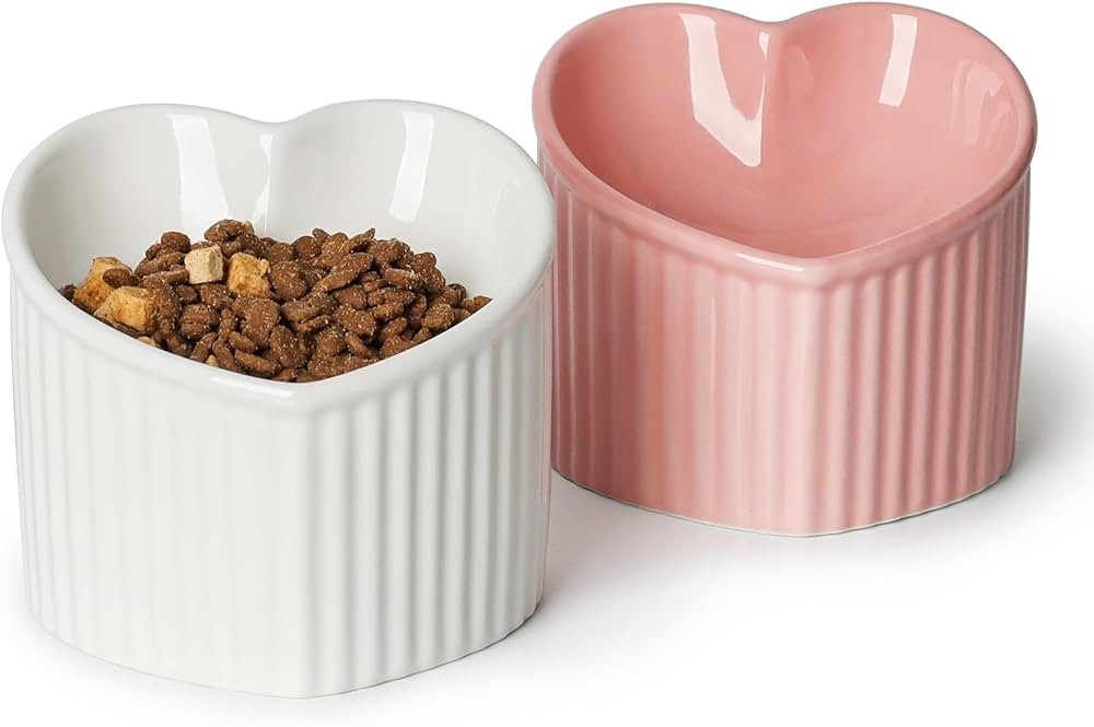 YauYik 2 Pcs Heart Shape Cat Bowls, Ceramic Raised Cat Food Bowl, Tilted Elevated Pet Feeding Dis... | Amazon (US)
