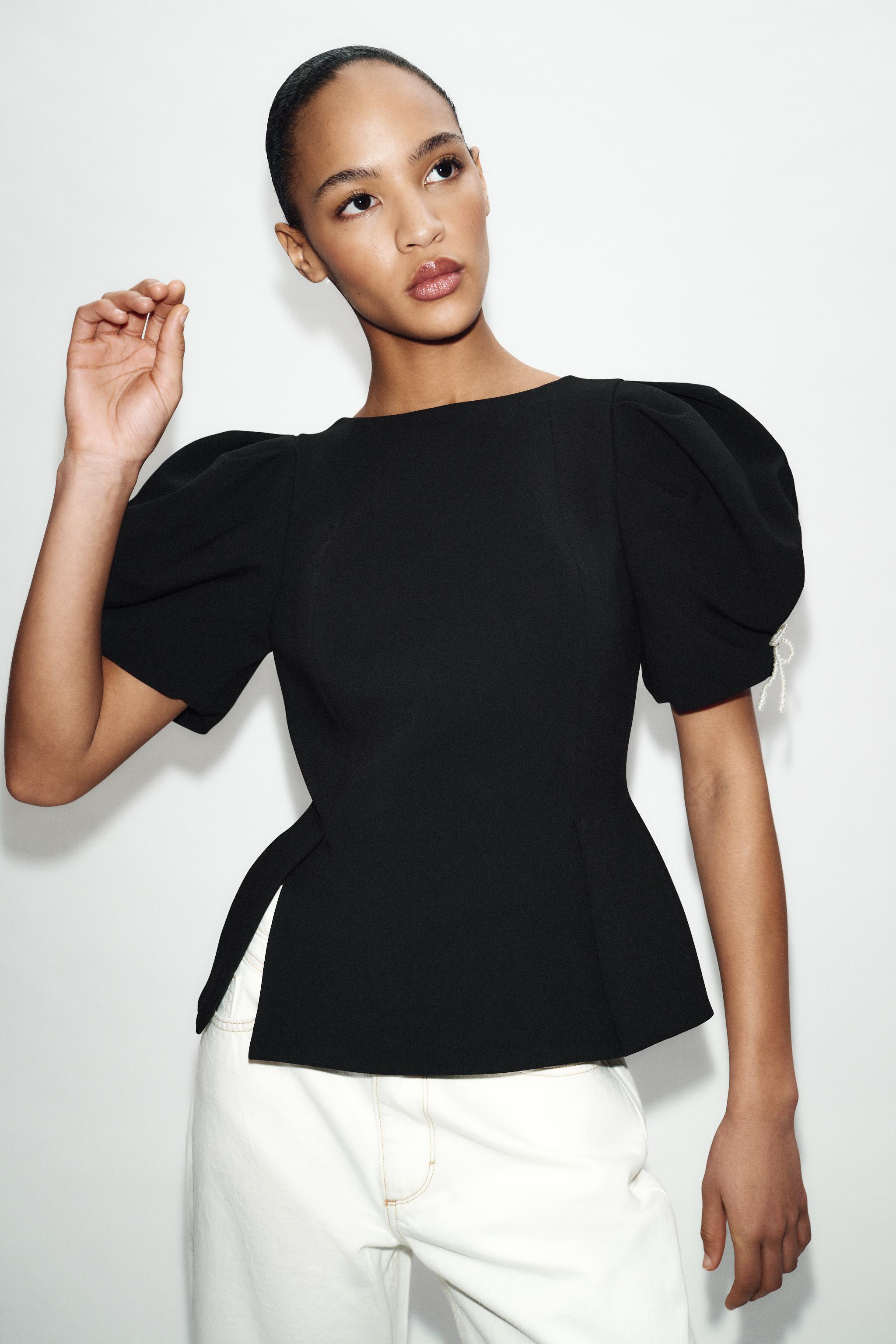 PUFF SLEEVE TOP WITH FAUX PEARL BOWS | Zara UK