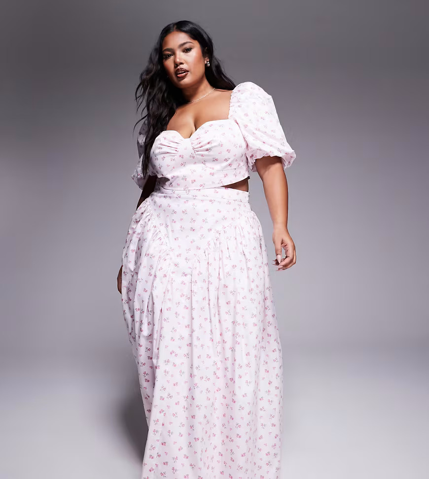 ASOS LUXE Curve cotton sateen maxi skirt with bow back in ditsy floral - part of a set-Multi | ASOS (Global)