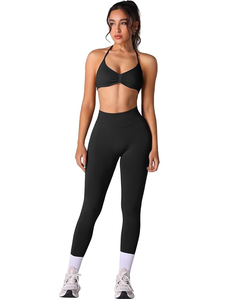 ABOCIW Workout Sets for Women 2 Piece Seamless Halter Sports Bra Scrunch Butt High Waist Leggings... | Amazon (US)