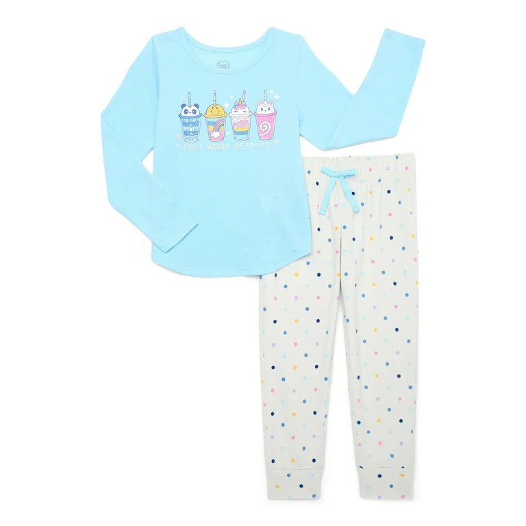 Wonder Nation Girls Long Sleeve Top with Jogger Pants, 2-Piece Pajama Sleep Set, Sizes 4-16 Plus ... | Walmart (US)