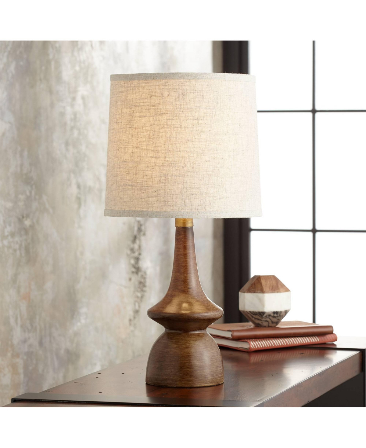 360 Lighting Mid Century Modern Table Lamp 24" High Walnut Faux Wood Brown Off White Linen Drum Shade for Bedroom Living Room House Bedside Offic | Macy's