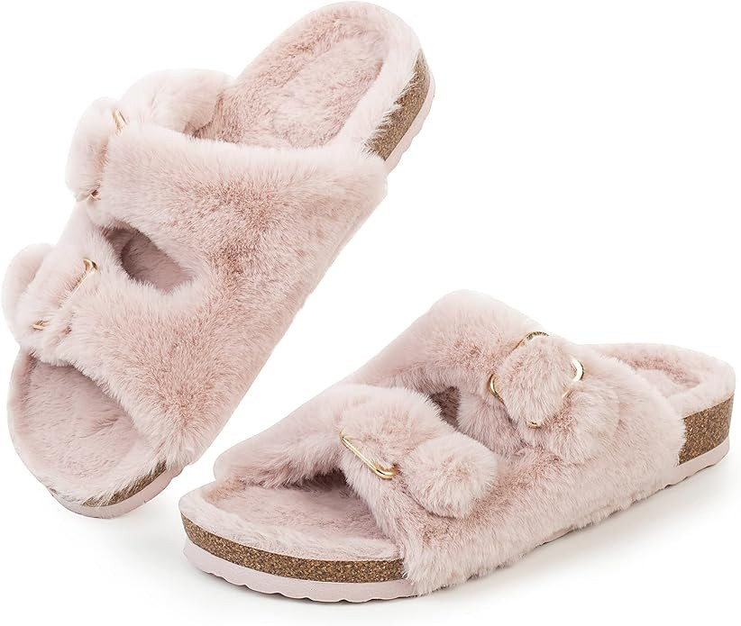 FITORY Womens Open Toe Slipper with Cozy Lining,Faux Rabbit Fur Cork Slide Sandals Size 6-11 | Amazon (US)
