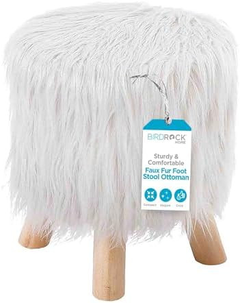 BIRDROCK HOME Faux Fur Foot Stool Ottoman – Upholstered Vanity Chair w/Natural Wood Legs - Soft... | Amazon (US)