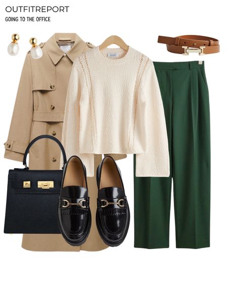 Dark green trousers trench coat loafers work office outfit 

#LTKitbag #LTKworkwear #LTKshoecrush