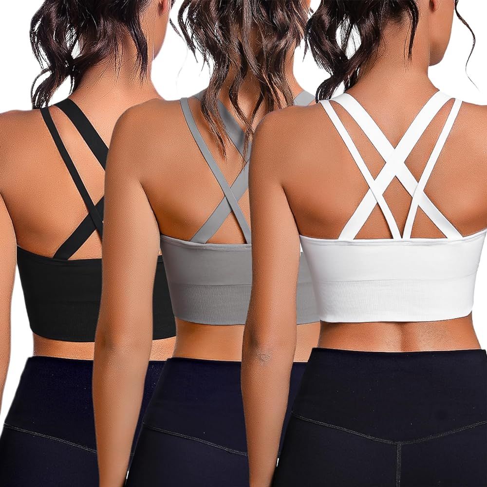 Sykooria Women's 3 Pack High Support Sports Bras Strappy Cross Back Padded Wokout Running Yoga Gym Bra | Amazon (US)