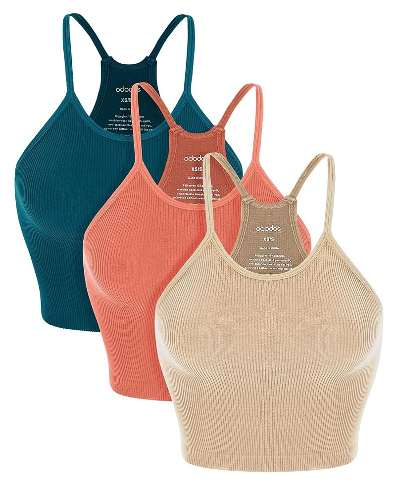 ODODOS Women's Crop 3-Pack Seamless Rib-Knit Camisole Crop Tank Tops | Amazon (US)