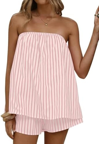 Women 2 Piece Matching Sets Striped Tube Top Shorts Sets Summer Vacation Outfits Y2K Going Out To... | Amazon (US)