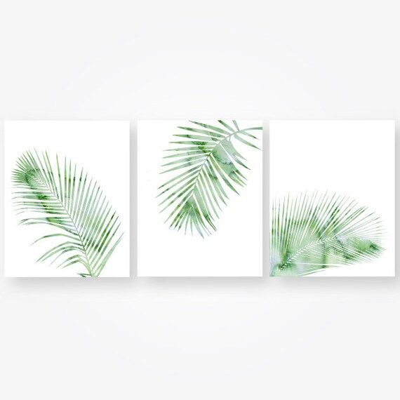 watercolor palm leaf digital download green tropical leaves beach bedroom wall art print set decor p | Etsy (US)