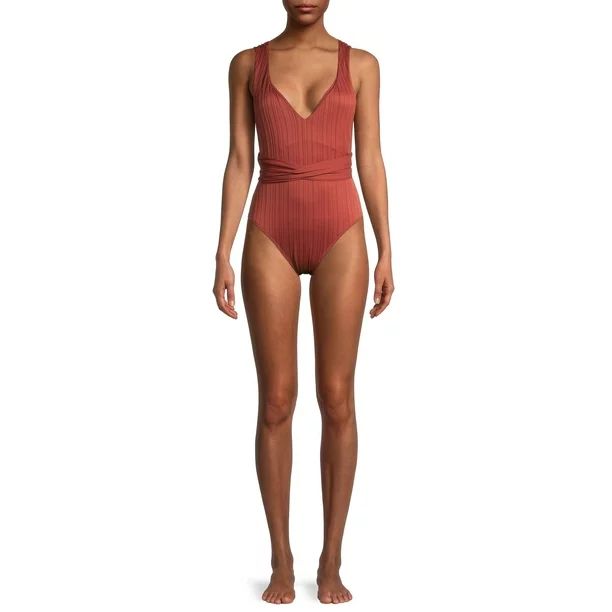 Time and Tru Women's Rusty Brick Wrap One-Piece Swimsuit with Tie Waist | Walmart (US)