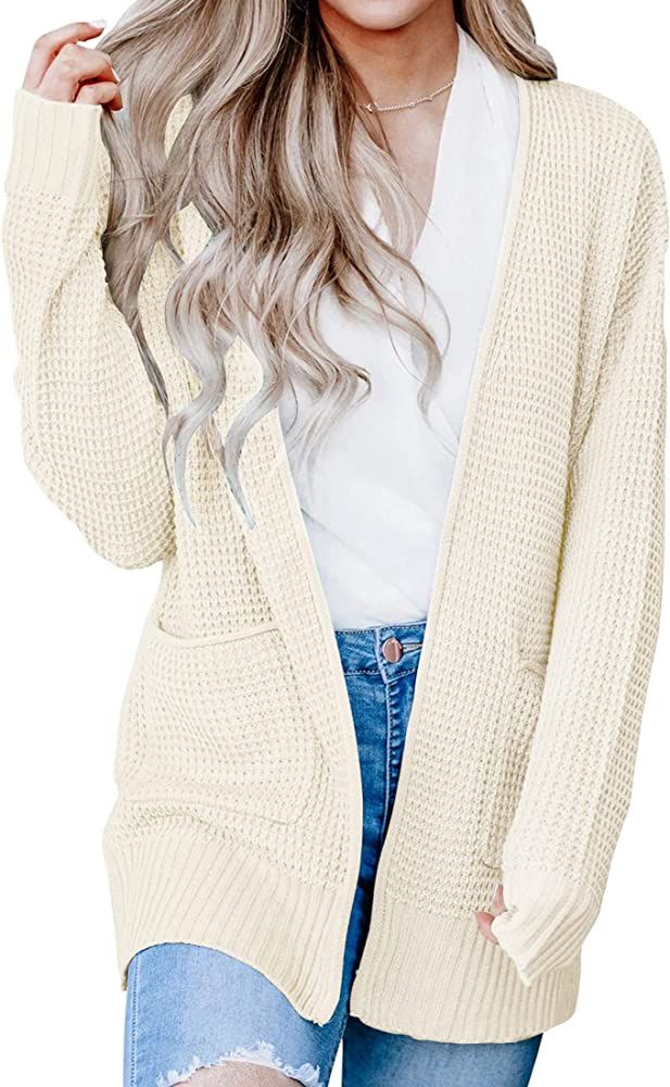 ZESICA Women's Long Sleeve Open Front Waffle Knit Sweater Cardigans Coat Outwear with Pockets | Amazon (US)