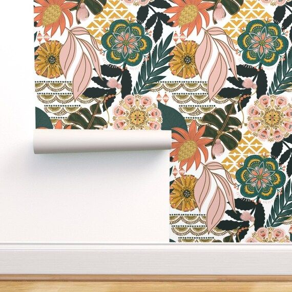 Mandala Floral Wallpaper - Boho Tropical By Fineapple Pair- Bohemian Custom Printed Removable Sel... | Etsy (US)