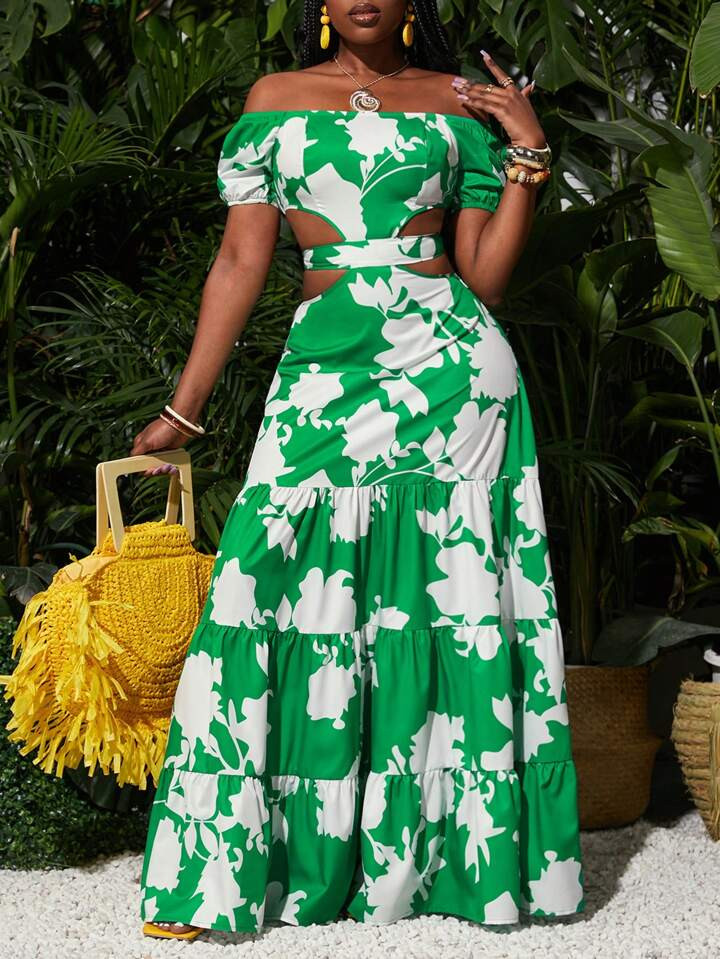 SHEIN Slayr Summer Beach Vacation Style One-Shoulder Puff-Sleeved Short-Sleeved Waist Hollow Back... | SHEIN