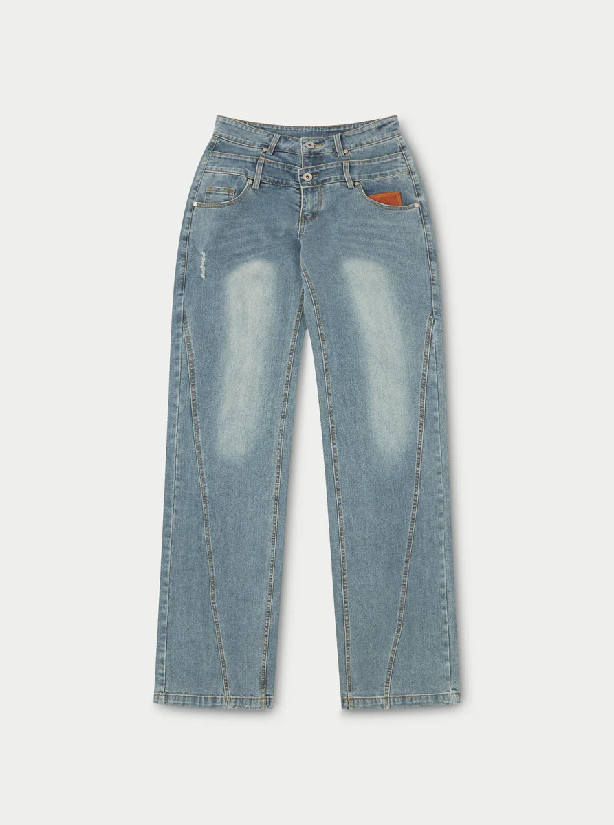 DISTRESSED DOUBLE WAISTBAND JEANS - BLUE WASH | The Couture Club