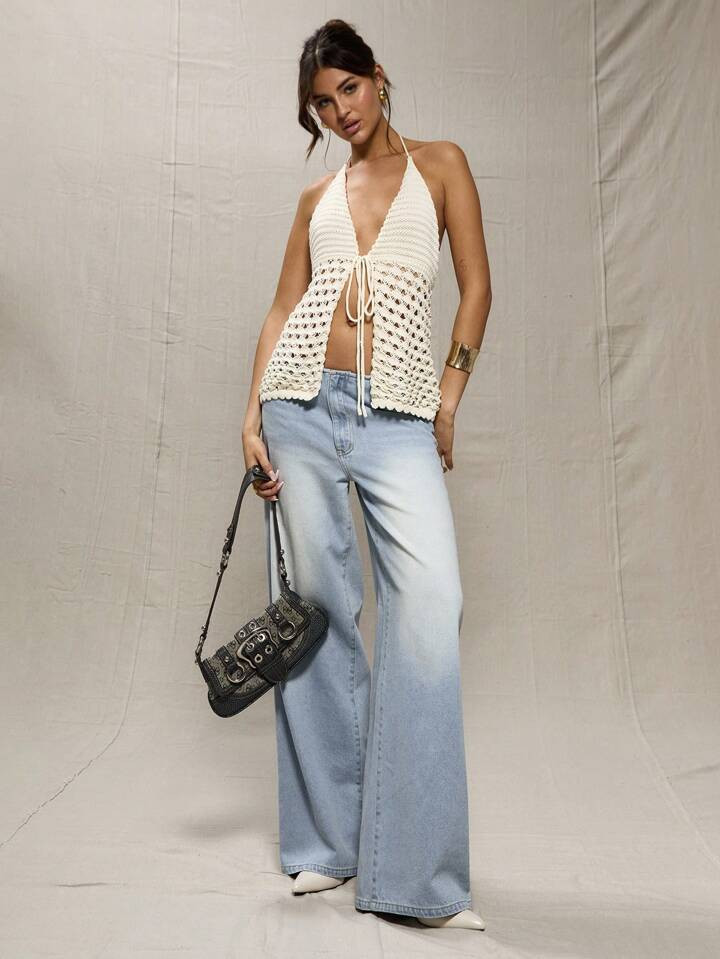 MUSERA White Crochet Knit Tie Front Top Elegant Spring Vacation Cute Sexy 90'S Pastel Floral Spring Summer Y2K 90'S Festival | SHEIN