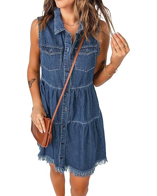 luvamia Women's Casual Summer Lapel Sleeveless Button Down Short Denim Jean Dress | Amazon (US)