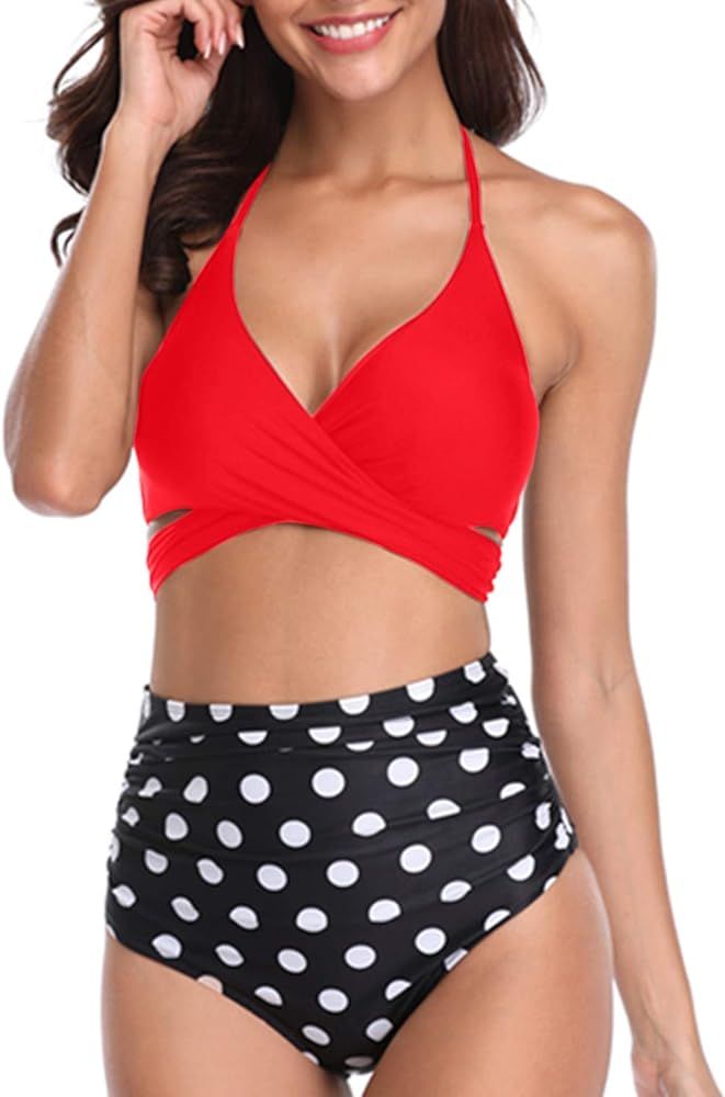 Women High Waisted Bikini Set Halter Two Piece Strappy Swimsuits | Amazon (US)