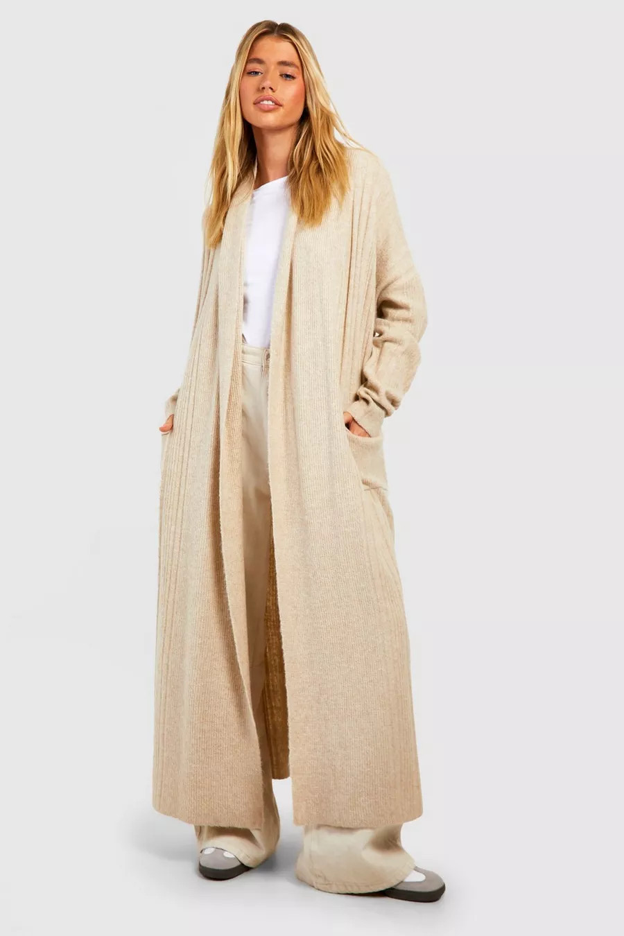Soft Knit Mixed Rib Belted Maxi Cardigan | boohoo (US & Canada)