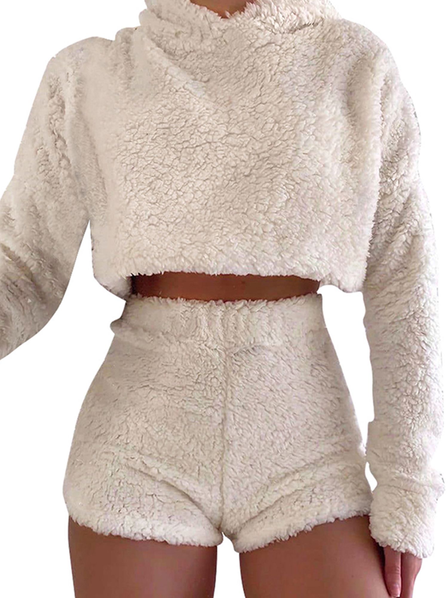 Women's Fluffy Fleece Long Sleeve Hoodie Crop Top Shorts Winter Lounge Wear Tracksuit | Walmart (US)