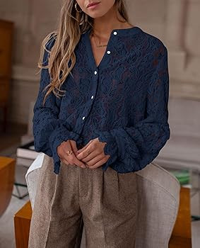 PRETTYGARDEN Women's Dressy Casual Lace Blouse Long Sleeve Button Up Shirts Tops Spring Fall Fash... | Amazon (US)