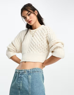 ASOS DESIGN crop sweater in mixed cable stitch in cream | ASOS (Global)