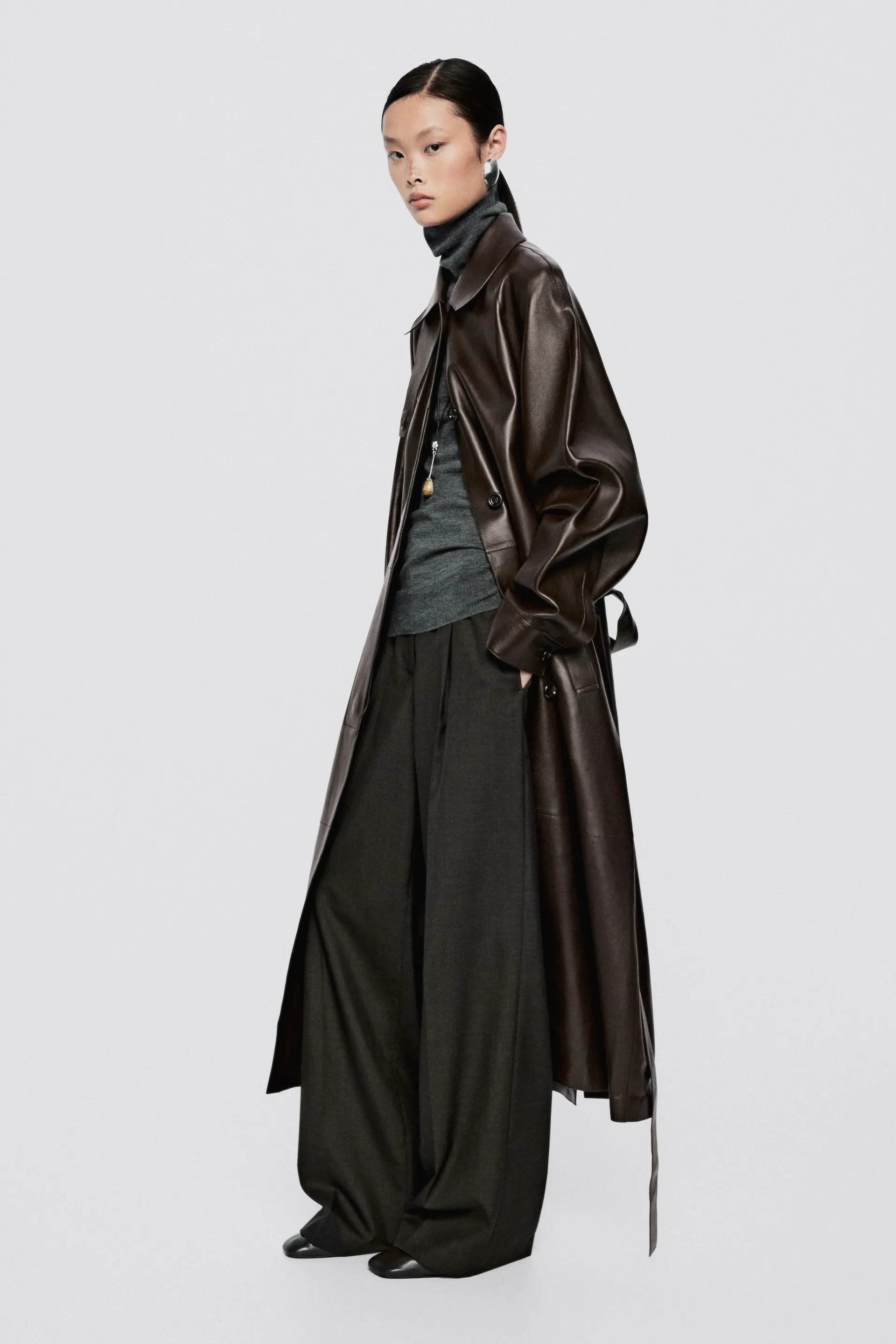 Long nappa leather trench coat with belt - LIMITED EDITION - Chocolate | Massimo Dutti US