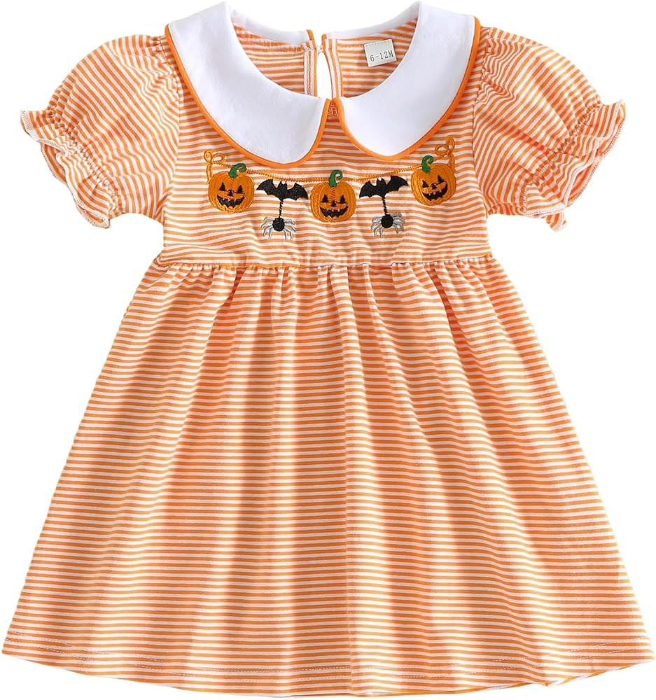 Toddler Baby Girl Halloween Dress Pumpkin Smocked Short Sleeve Dresses | Amazon (US)