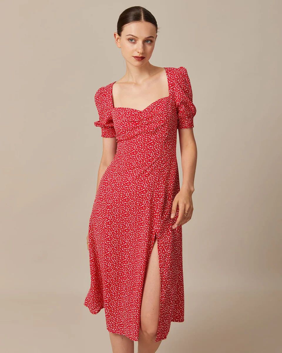 The Red Sweetheart Neck Floral Midi Dress | rihoas.com