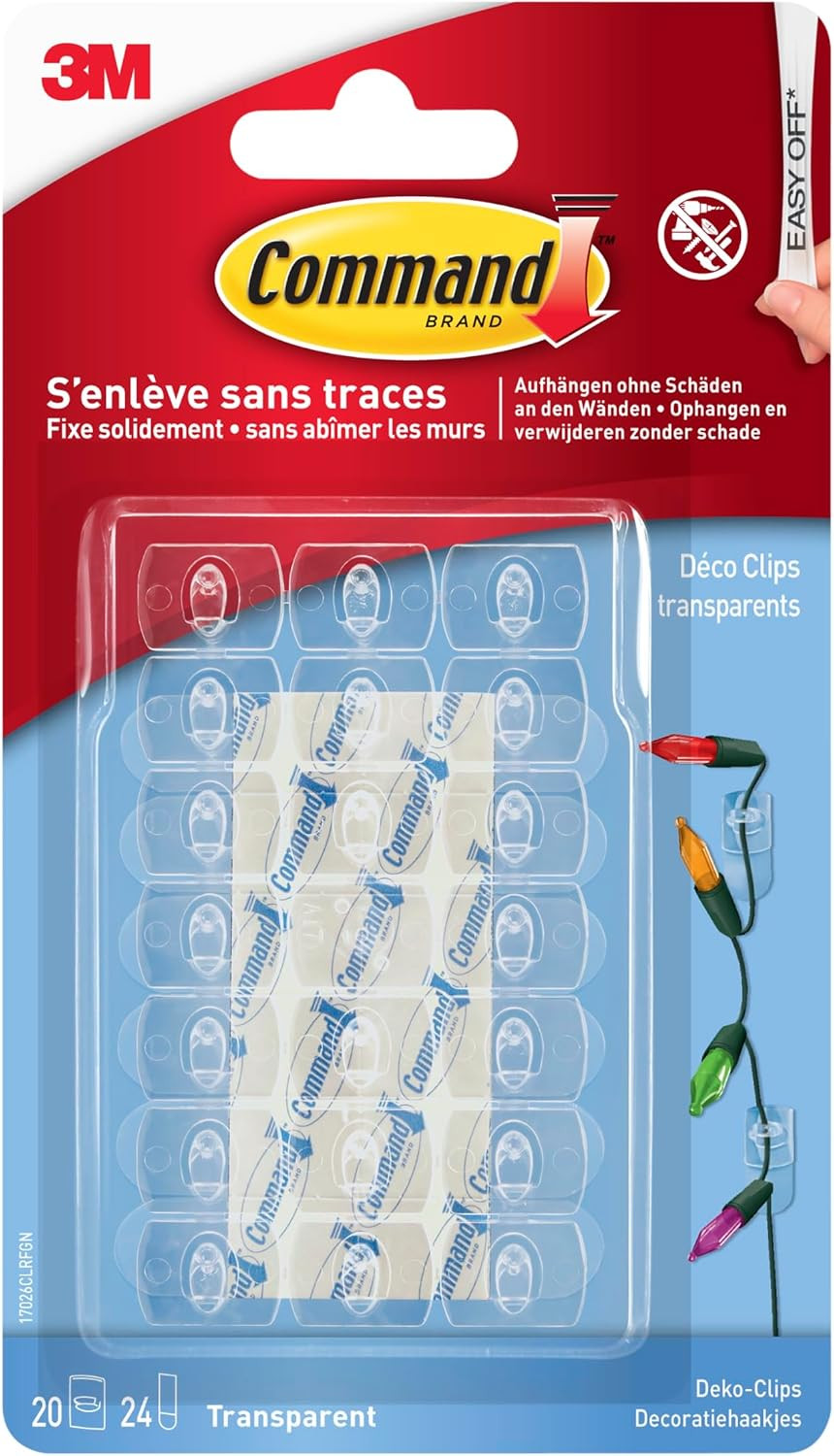 Command Befestigungsclips mit Transparenten Klebestreifen, 20 Clips und 24 Strips - für Dekoration und Lichterkette | Amazon (DE)