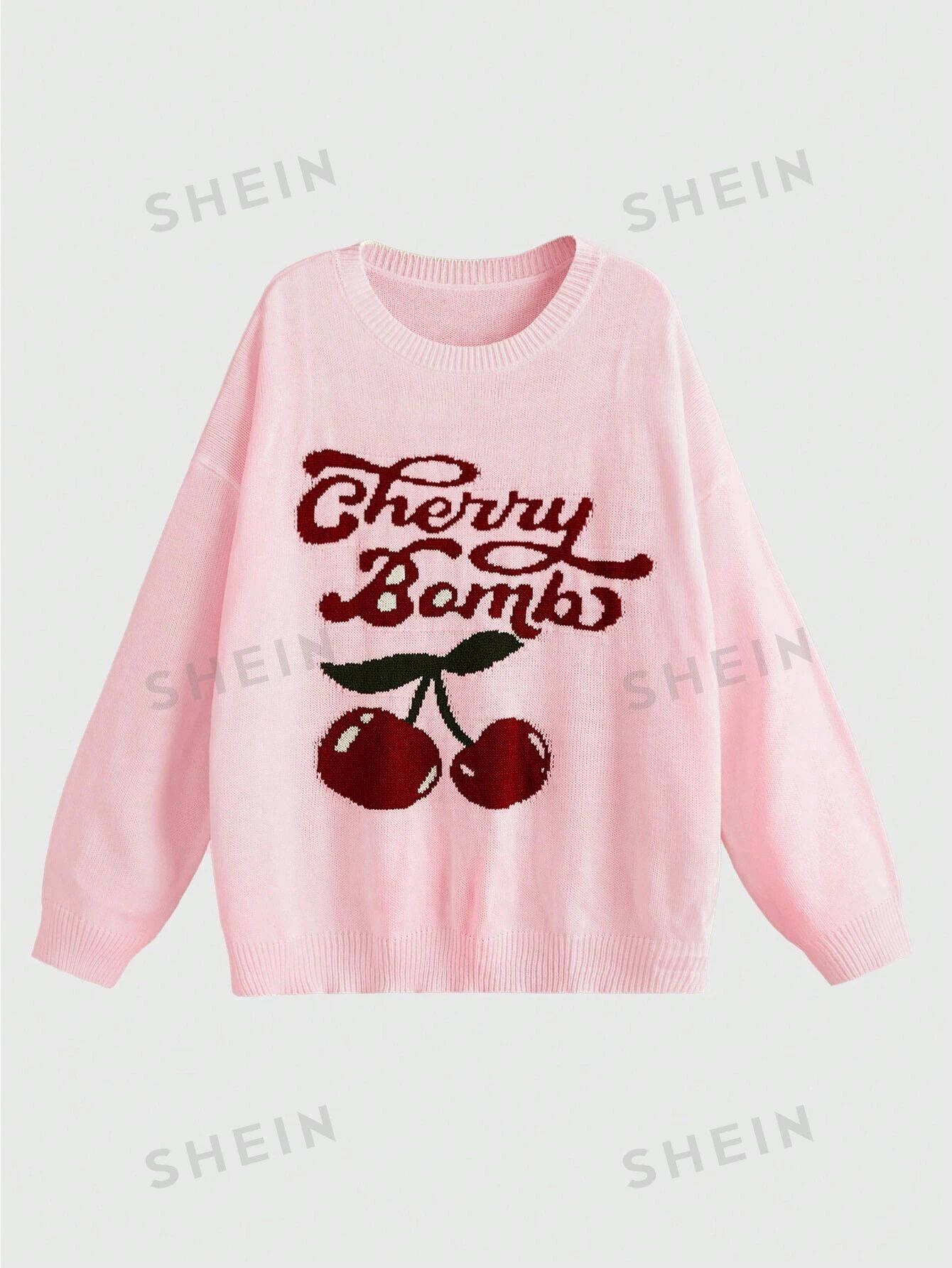 ROMWE Kawaii Cherry & Letter Graphic Drop Shoulder Sweater | SHEIN