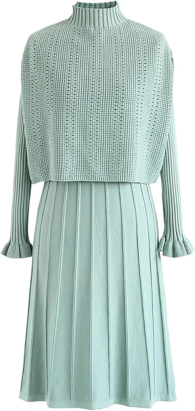 CHICWISH Women's Cream/Apricot/Black/Teal/Mint Mock Neck Pleated Knit Twinset Dress | Amazon (US)