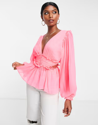 ASOS DESIGN sheer blouse with pleated waist & cut out back in neon pink | ASOS (Global)