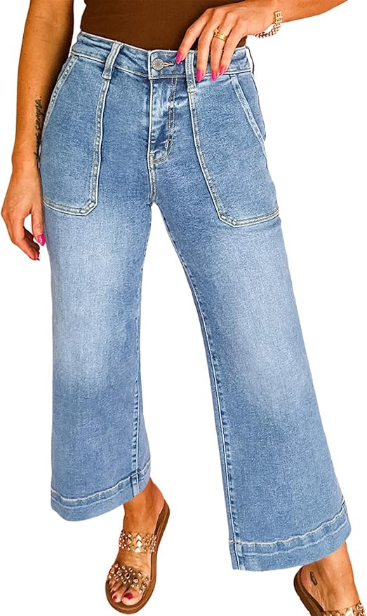 Astylish Women's 2026 Stretchy Wide Leg High Waisted Jeans Tummy Control Casual Cropped Ankle Den... | Amazon (US)