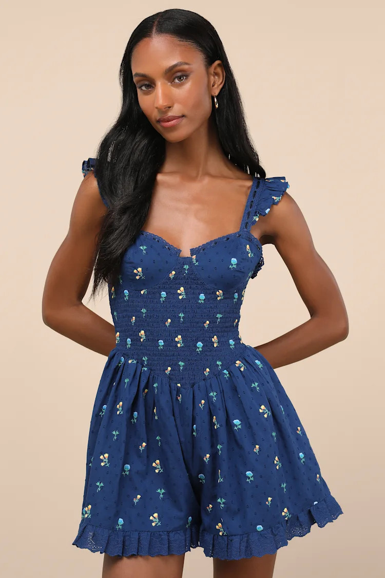 Colbie Dark Blue Floral Swiss Dot Bustier Romper | Lulus