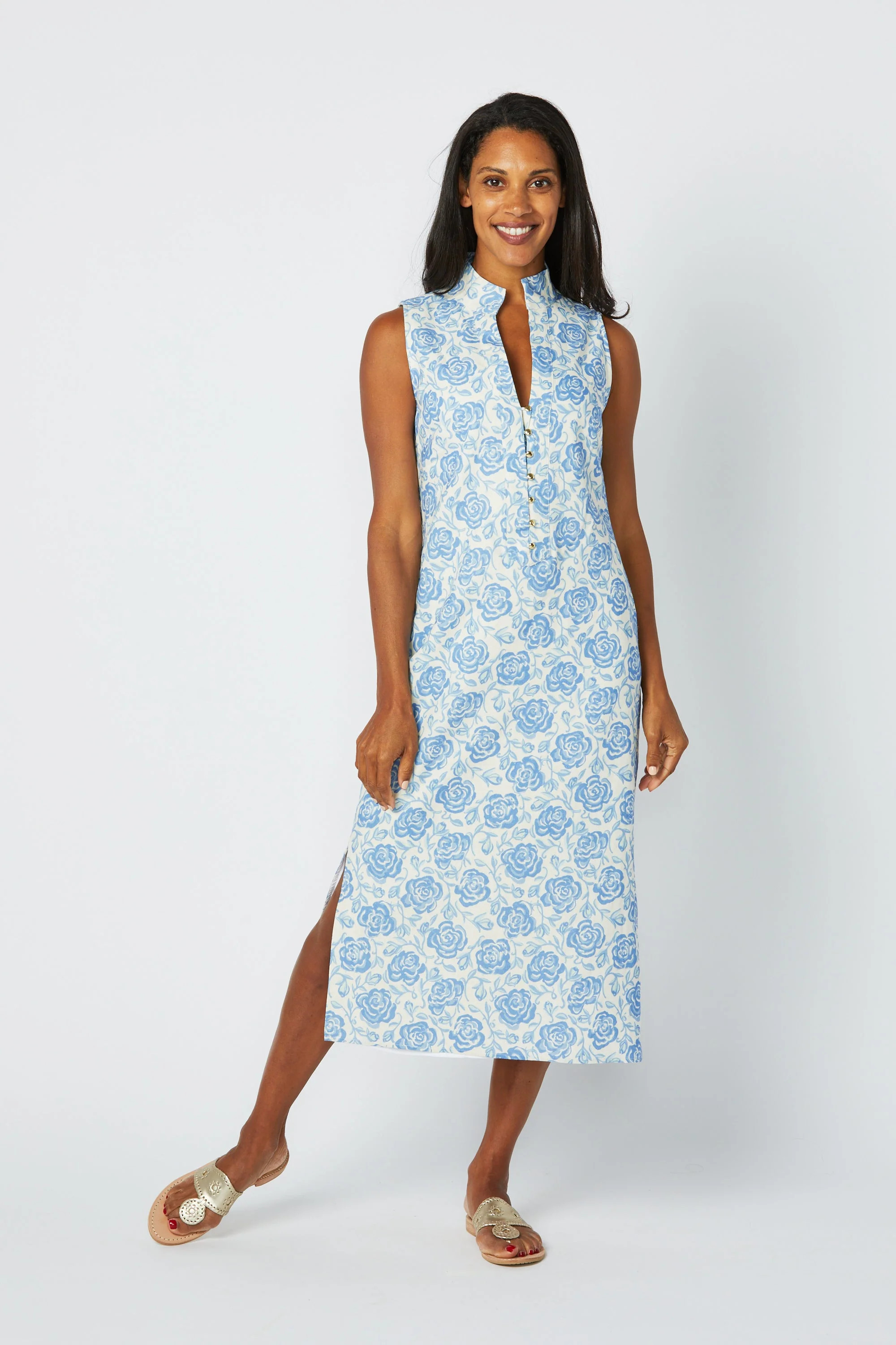 Blue Rose Print Button Front Midi Dress | Sail to Sable